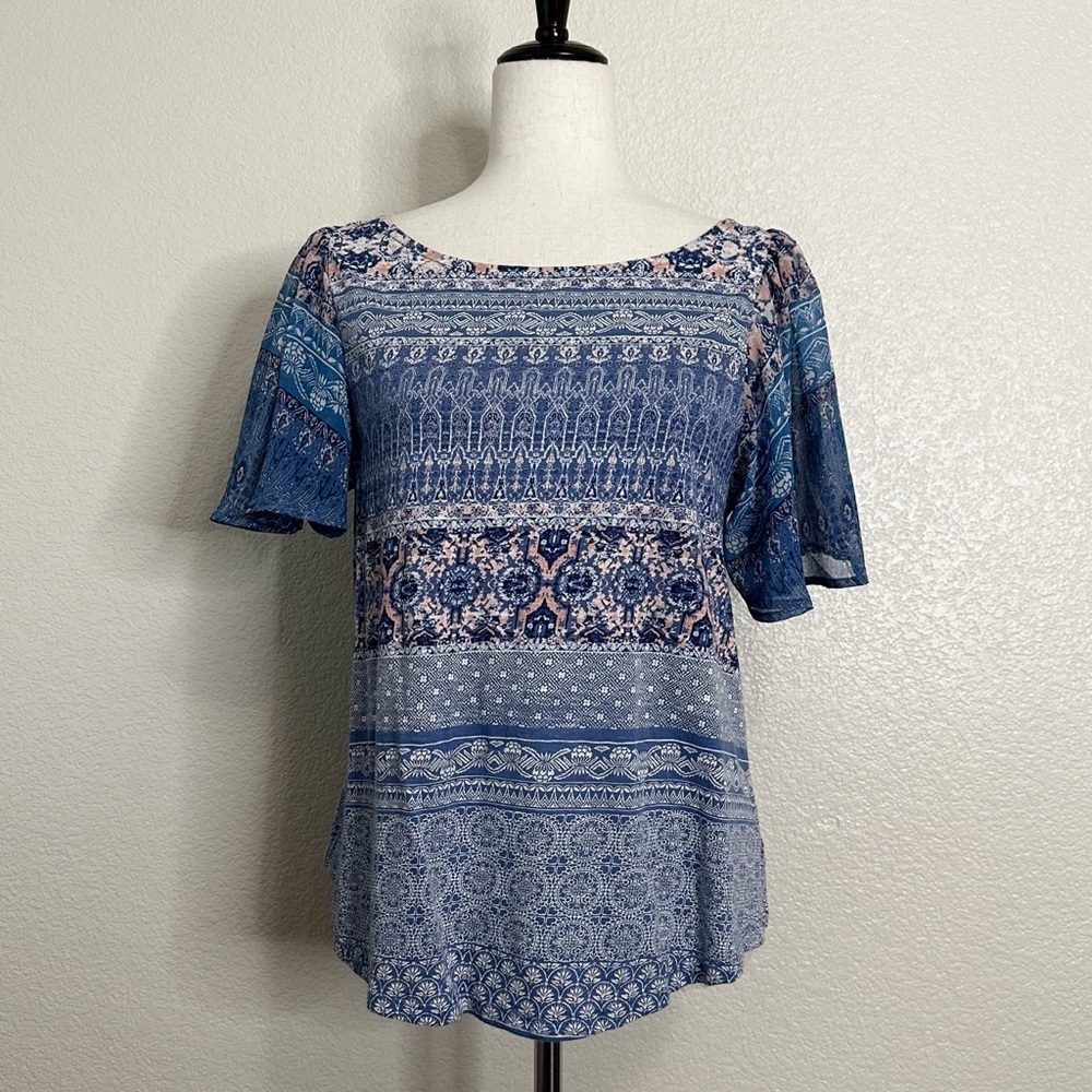 Lucky Brand Blue Pink Geometric Sheer Sleeves Blouse, Sz Medium